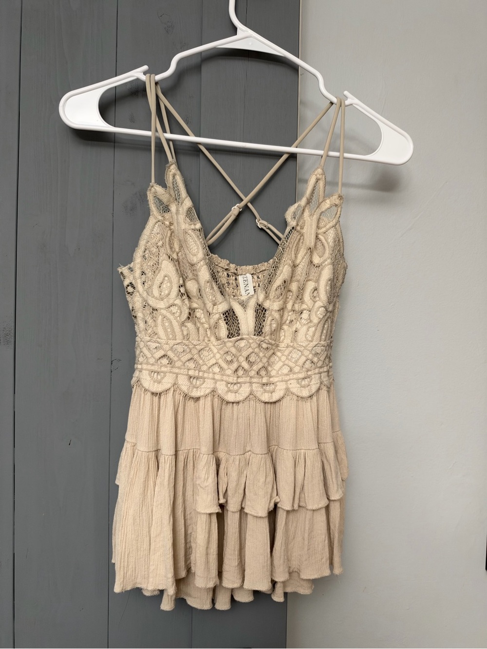 Zenana Beige Tiered Spaghetti Strap Tank